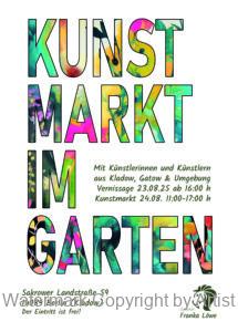 Bild der Einladungspostkarte "Zweiter Kunstmark im Garten" am 24.08.2025 und zur Wiedereröffnung und Vernissage der Galerie Franka Löwe