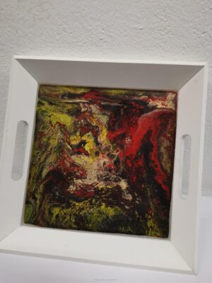 Holztablett mit abstrakter Acryl Decoupage Weißes Holztablett mit zwei Griffen und Acryl Decoupage Boden
