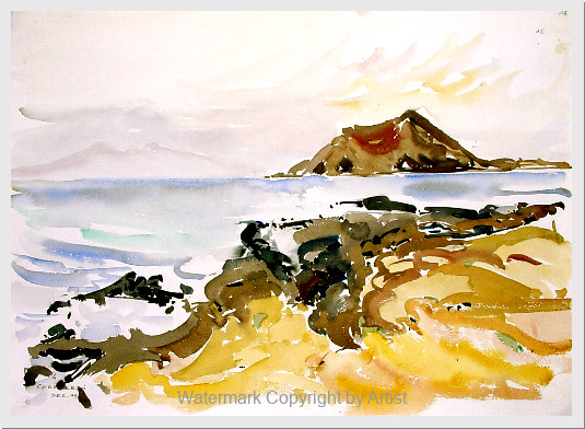 Landschaftsaquarell "Blick auf Lobos" (Fuerteventura, Kanarische Inseln)