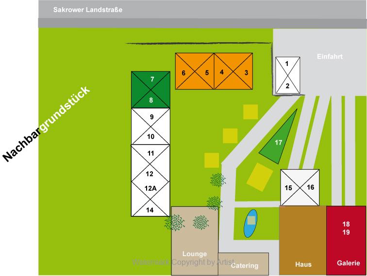Lageplan der Pavillons mit den austellenden Künstlerinnen und Künstler auf dem Kunstmarkt im Garten der Galerie Franka Löwe